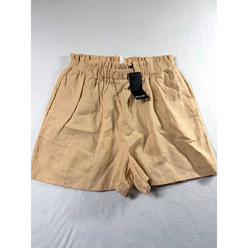 Nasty Gal Womens Linen Paperbag Shorts 6 Beige High Rise Elastic Waist Pckts 649